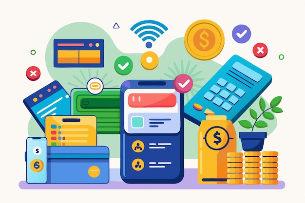 A display of various cashless payment methods including digital wallets credit cards and financial tools for an efficient transaction experience