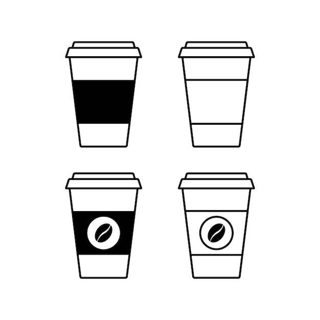 Disposable paper coffee cup icon set with bean symbol in flat line style. Vector illustration