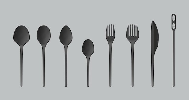 Disposable plastic spoon fork and knife cutlery Realistic black plastic party or picnic tableware