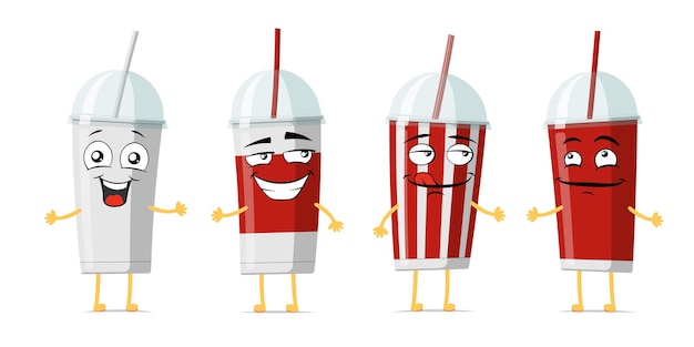 Disposable soft drink cup with straw funny smiling cartoon character set beverage mug cute happy