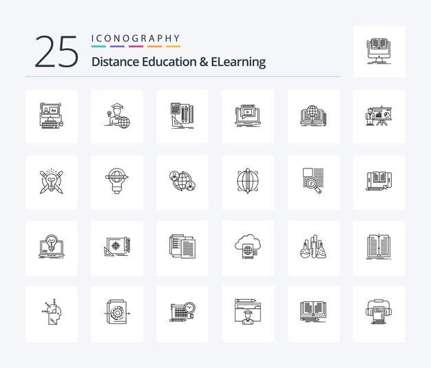 Vector distance education and elearning 25 line icon pack including writing tutorial stationary screen laptop