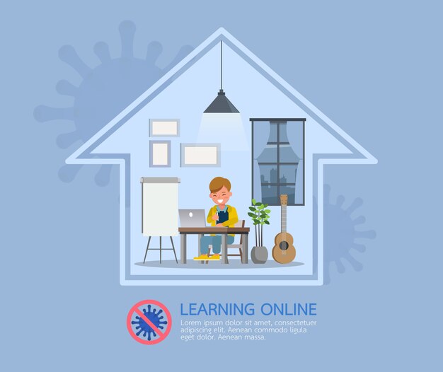 Vector distance learning online education classes for children during coronavirus. social distancing, self-isolation and stay at home concept.  