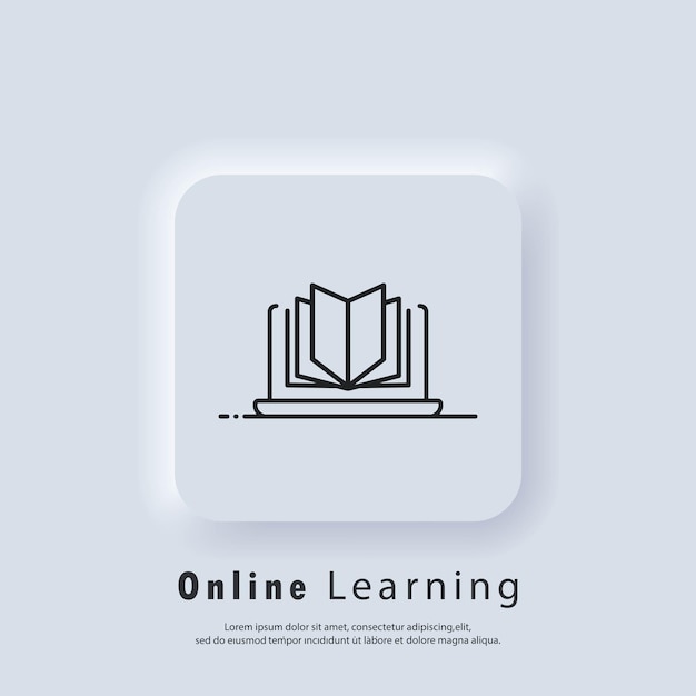 Distant education, e-books icon.Online education or distance exam banner. Course e-learning from home, online studying. Vector. UI icon. Neumorphic UI UX white user interface web button. Neumorphism