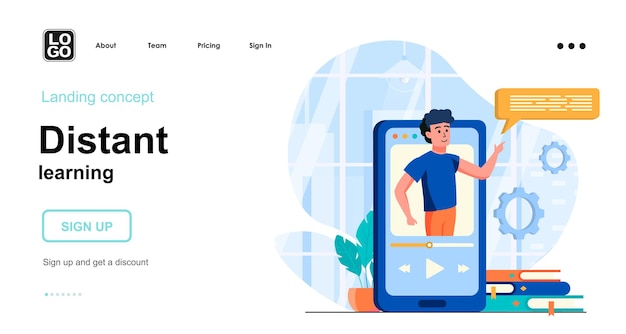 Distant learning landing page template with people character