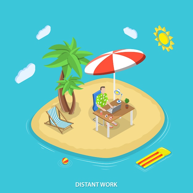 Distant work isometric flat vector concept. 