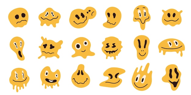 Distorted emoticons Psychedelic abstract emoji characters with dripping smile frown and angry feelings cute abstract emojis Vector colorful set