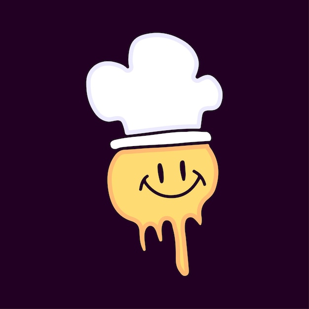 Distorted smile emoji wearing chef hat cartoon, illustration for t-shirt, sticker, or apparel.