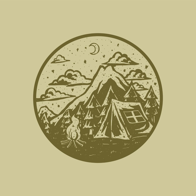 Distressed stamp illustration of camping in the forest