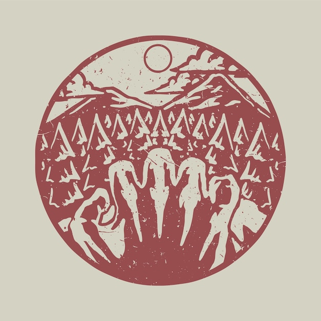 Distressed stamp illustration of crawling hand in the forest