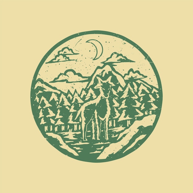 Distressed stamp illustration of goat in the forest