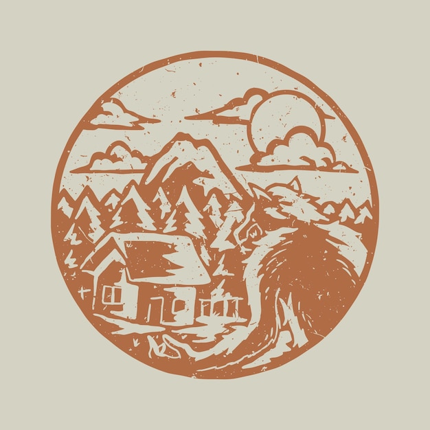 Distressed stamp illustration of werewolf haunting a house