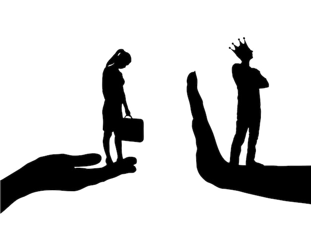 A distressed woman on a begging hand and an arrogant man with a crown standing on the stop hand Vector Silhouette