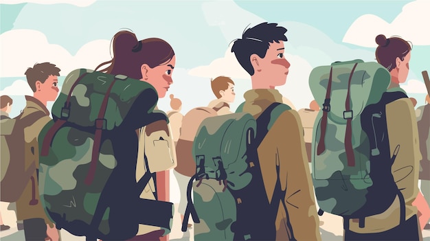 Vector distressed young people with backpacks military refugees concept