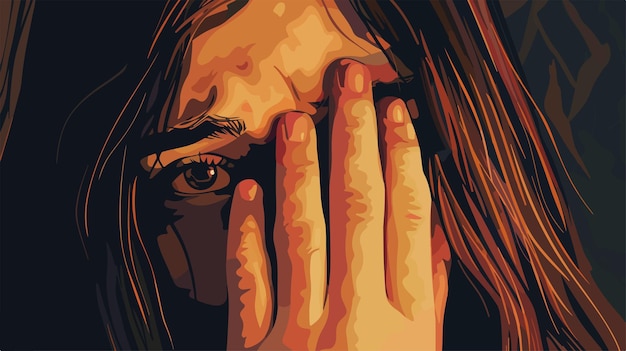 Vector distressed young woman concealing emotions with hand emotional pain and suffering concept