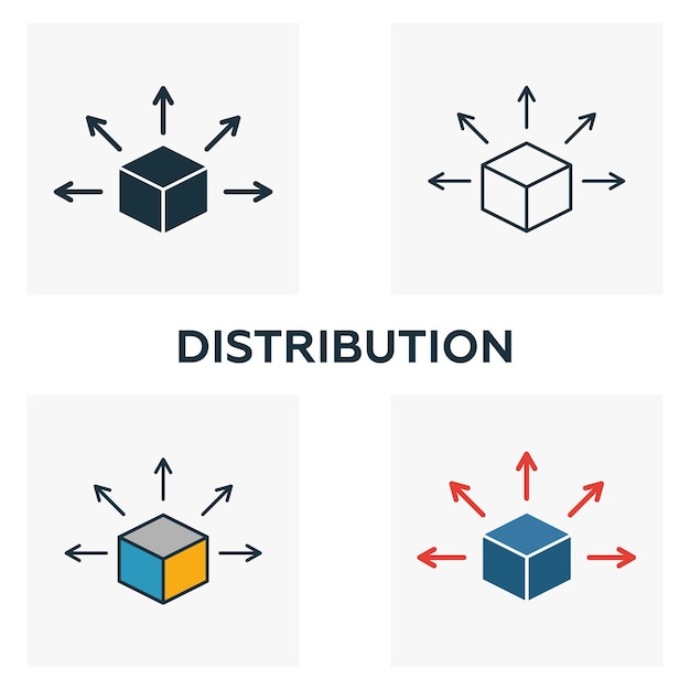 Distribution icon set Four elements in diferent styles from blockchain icons collection Creative distribution icons filled outline colored and flat symbols