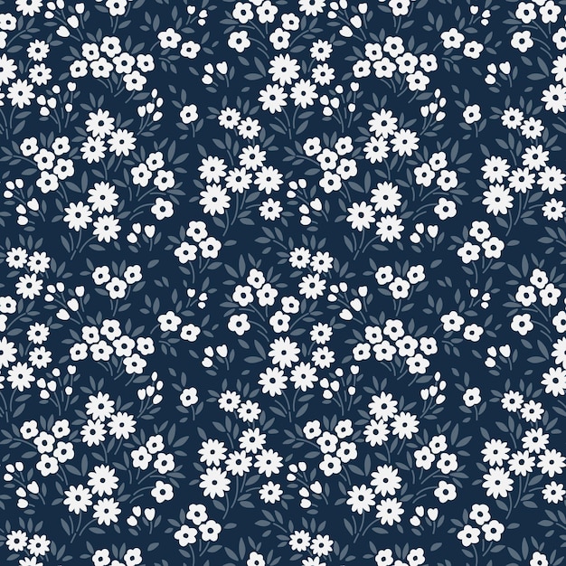 Ditsy vector floral pattern Seamless print Small white flowers Dark blue background