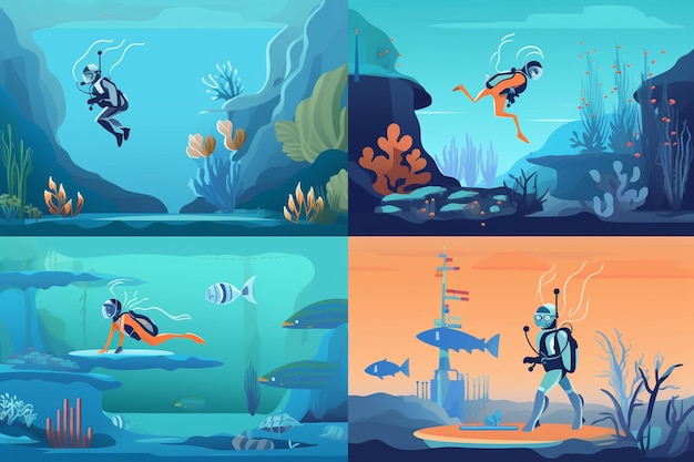 Vector diver characters in different sets