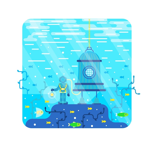 Diver holding a lantern near diving bell vector cartoon illustration