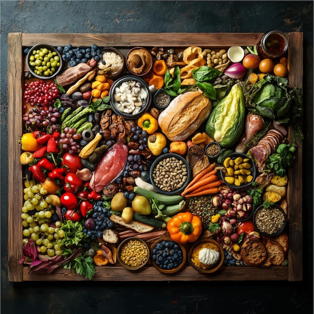 A Diverse Array of Fresh Produce and Ingredients on a Dark Surface