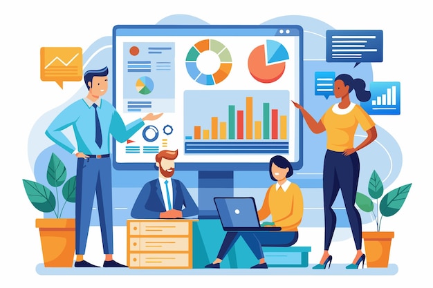 A diverse business team collaborates to analyze performance data displayed on a large screen Analyzing and monitoring business teams using flat illustration on report dashboards