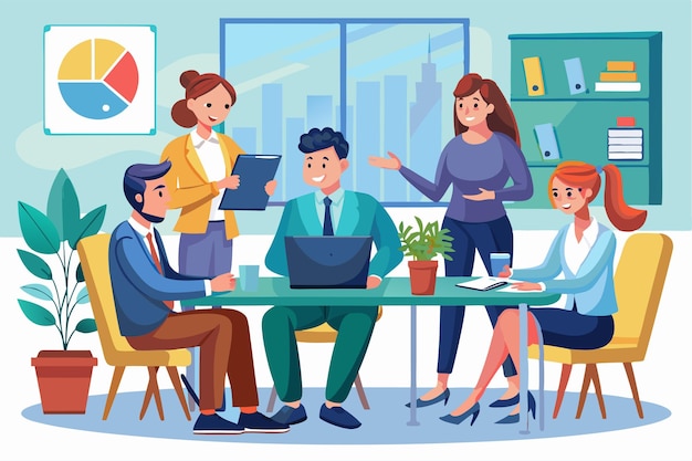 A diverse business team discusses ideas around a table in a contemporary office environment Meeting of business team working in office Vector illustration