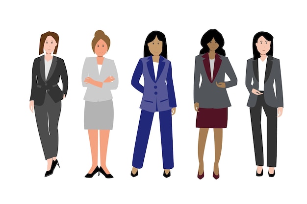 Vector diverse business woman standing and wearing formal suits for teamwork or show as office worker