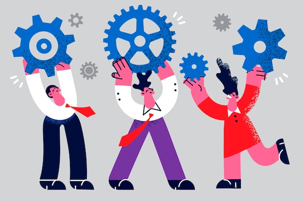 Diverse businesspeople hold cogs engaged in teambuilding at workplace motivated for shared result. Employees work for mutual company success. Collaboration and teamwork. Vector illustration.