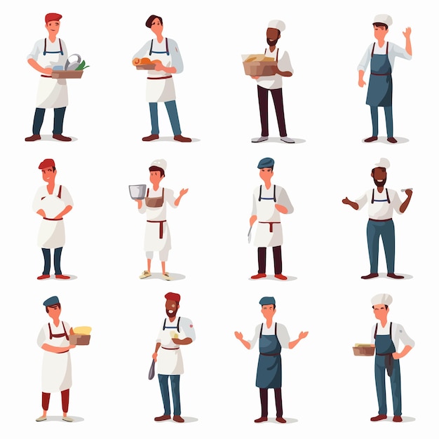 Vector diverse collection of chefs and qualified cooks in professional attire