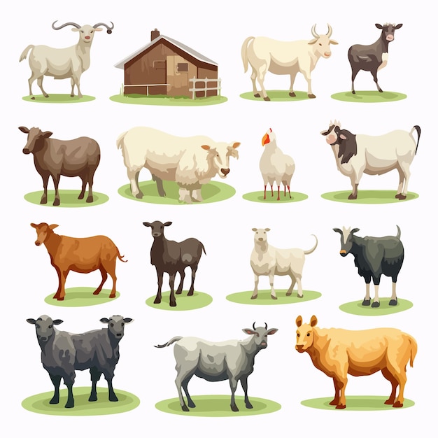 Vector diverse collection of domestic animals on farm