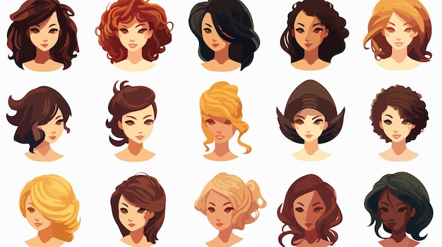 Diverse Collection of Female Heads with Various Cartoon Hairstyles