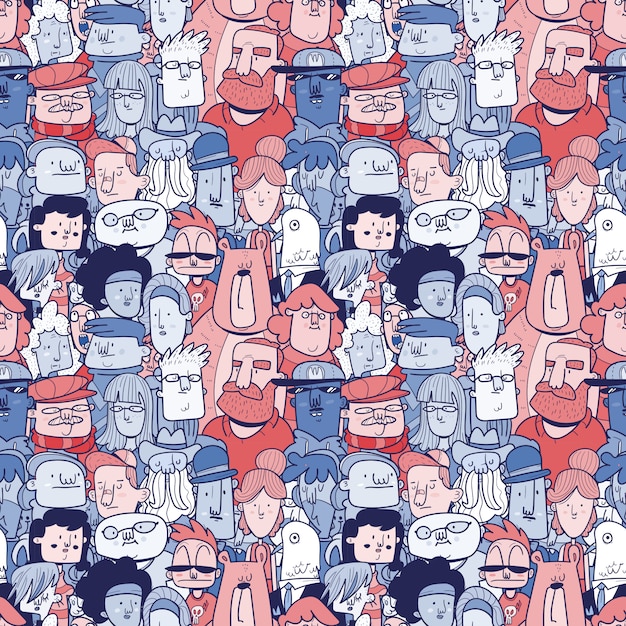 Diverse crowd of people - seamless banner of different hand drawn faces. Seamless Pattern