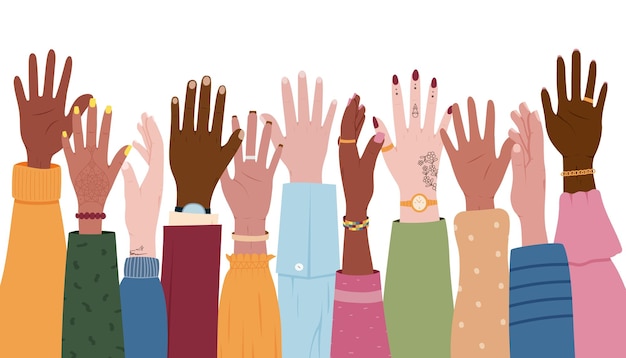 Diverse culture hands People racial diversity United volunteer equality Social multicultural group Community unity Raised arms Sleeves and accessories Vector colorful illustration