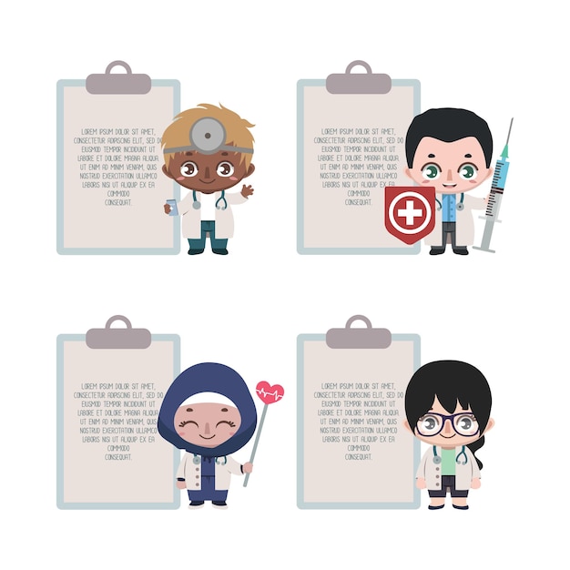 Diverse doctors with clipboard background for custom text