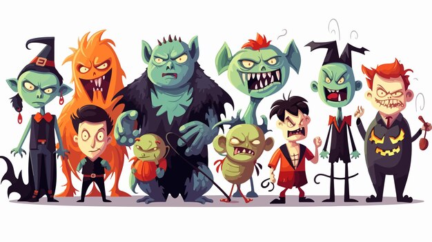 Vector diverse evil bizarre halloween cartoon illustration