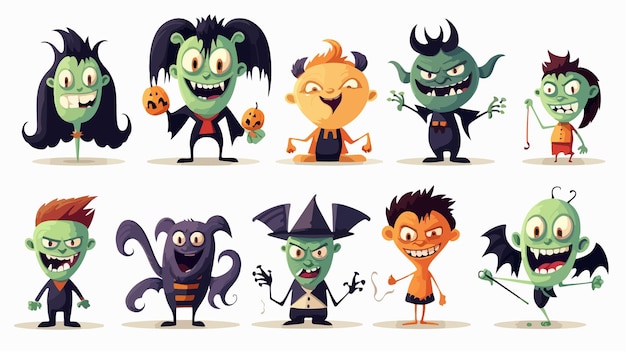 Vector diverse evil halloween cartoon illustration set for spooky designs