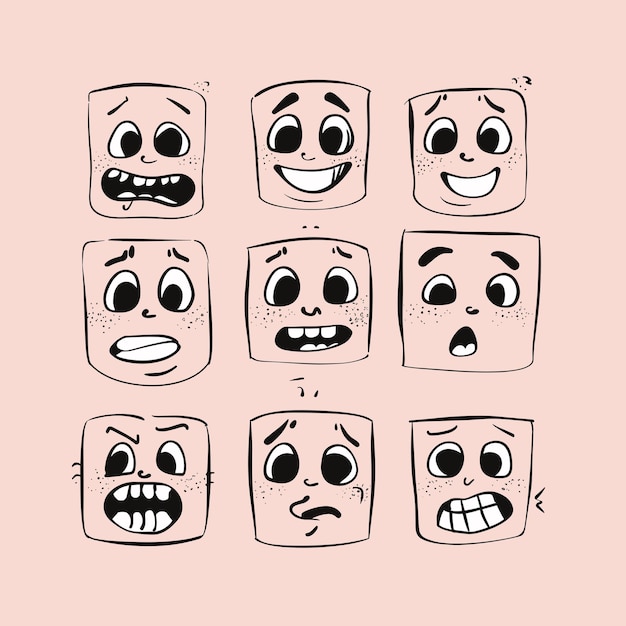 Vector diverse facial expressions depicted in sketchy cartoonstyle icons