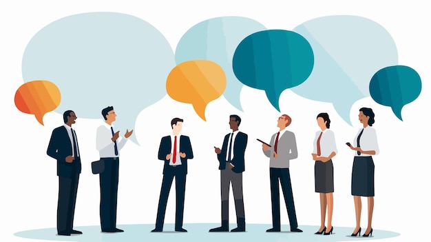 Vector diverse group of business people with speech bubble in flat vector illustration