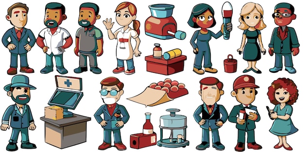 Vector diverse group of cartoon characters some in different professions like doctor worker and cashier and others in various styles and poses