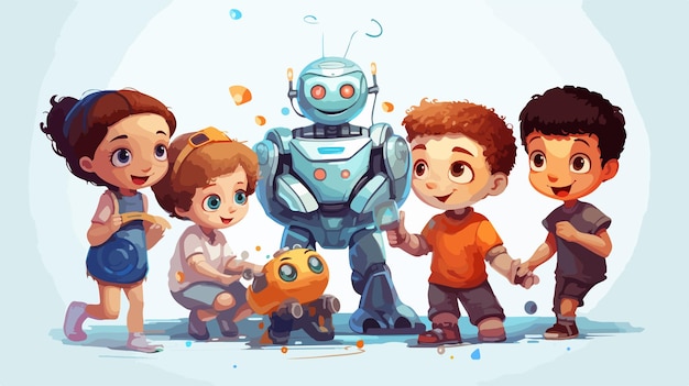 Vector diverse group of children engaging with robot in playful illustration