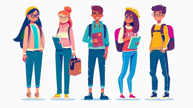 Vector diverse group of educational students with geometric character illustrations