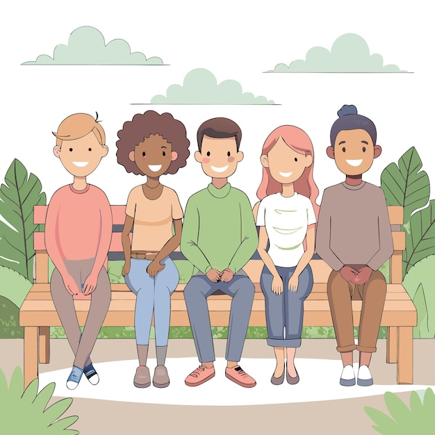 Vector a diverse group of five people sitting together on a bench