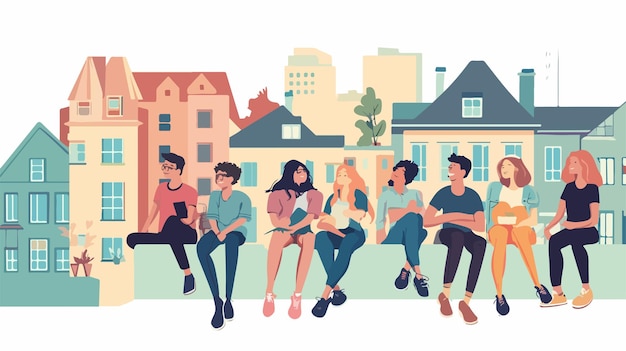 Vector diverse group friends relaxing outdoors sitting on wall enjoying leisure time together