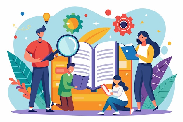 Vector diverse group of individuals closely examining a book using a magnifying glass people reading and searching on the user manual guide book simple and minimalist flat vector illustration