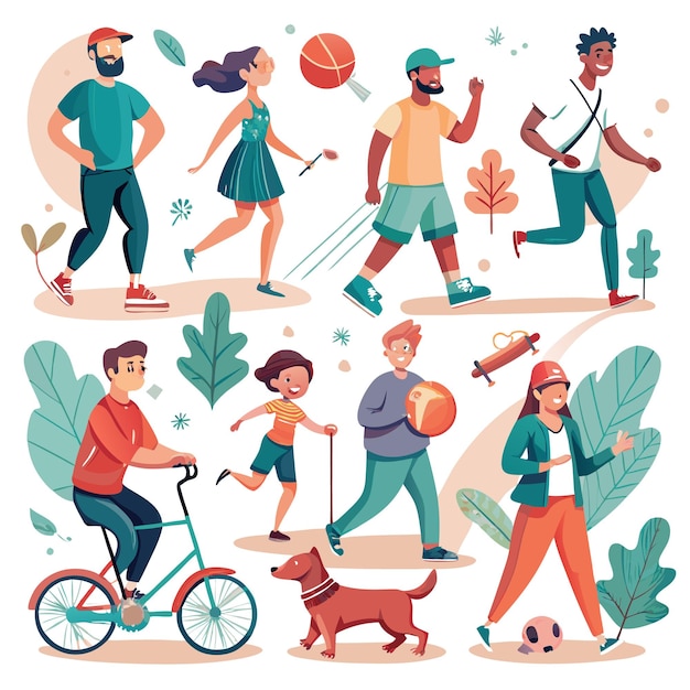 Vector diverse group of people enjoying various outdoor activities in a park