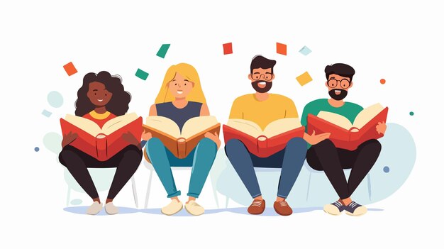 Vector diverse group of people reading books together