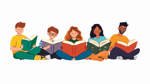 Vector diverse group of people reading books together