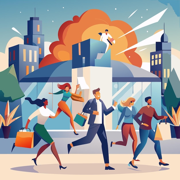 Vector diverse group of people running with shopping bags in a city