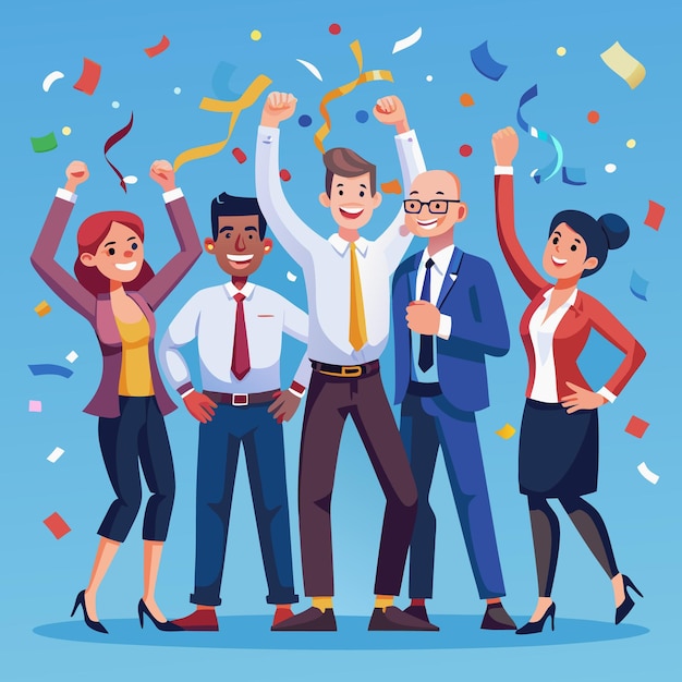 Diverse group of professionals celebrate success with confetti and streamers