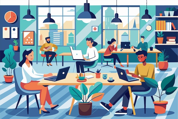 Vector a diverse group of professionals engages in collaborative tasks at desks surrounded by greenery team coworking space