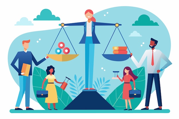 Vector a diverse group of professionals stands on either side of a figure balancing scales symbolizing the pursuit of equality and fairness in business practices